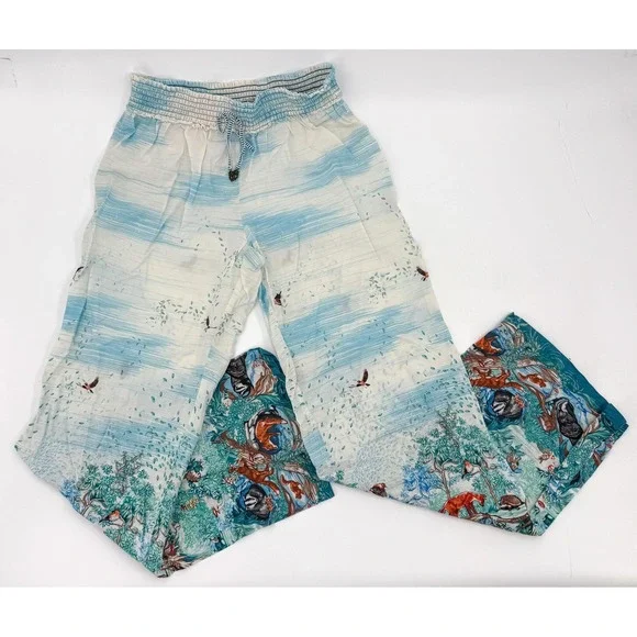 By Eloise Pants Womens Medium Ivory Woodland Animal Print Elastic Anthropologie - Picture 1 of 14